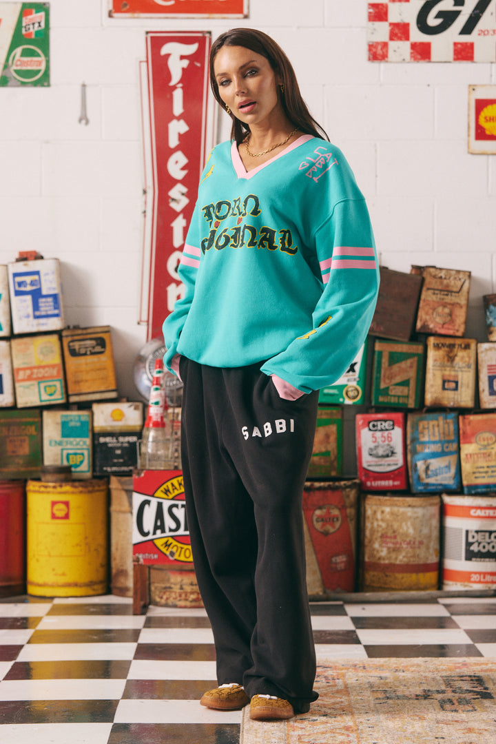 THE BORN ORIGINAL V NECK DIEGO JUMPER - TEAL & PINK