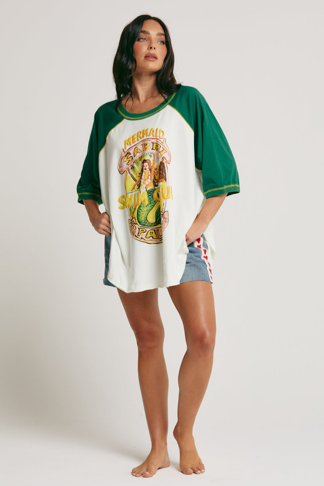 THE MERMAID SWIM CLUB RAGLAN TEE - MARSHMALLOW & GREEN