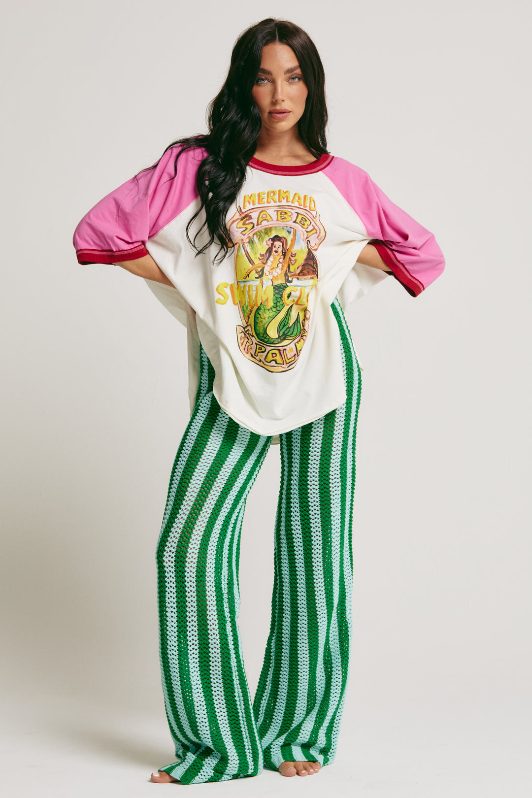 THE MERMAID SWIM CLUB RAGLAN TEE - MARSHMALLOW & PINK