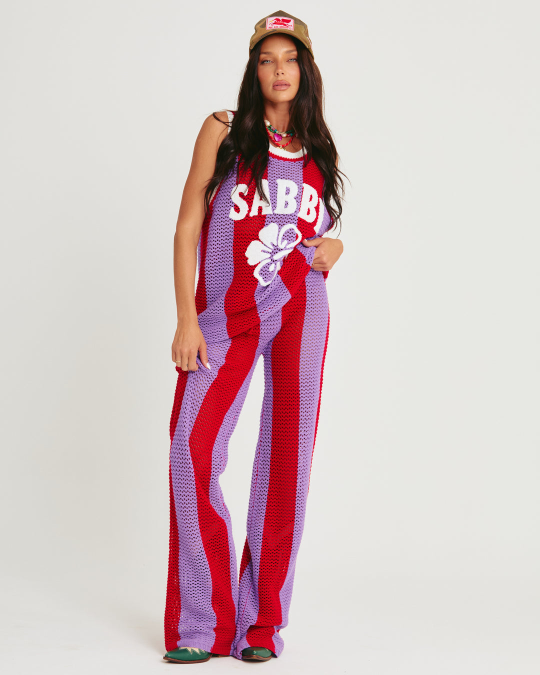 THE KNIT B-BALL SINGLET - RED & PURPLE