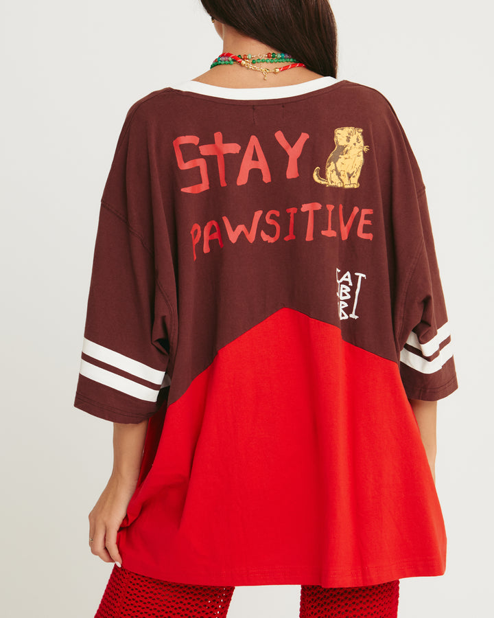 THE CAT OVERSIZED V NECK TEE - RED & CHOCOLATE