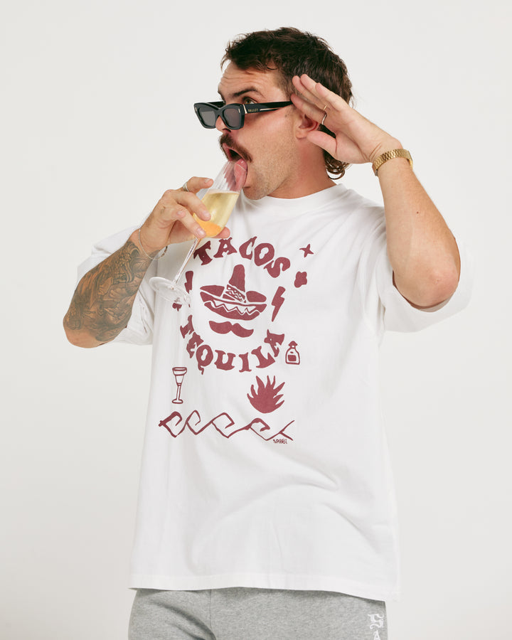 THE VERY OVERSIZED TACOS & TEQUILA TEE - WHITE & MAROON
