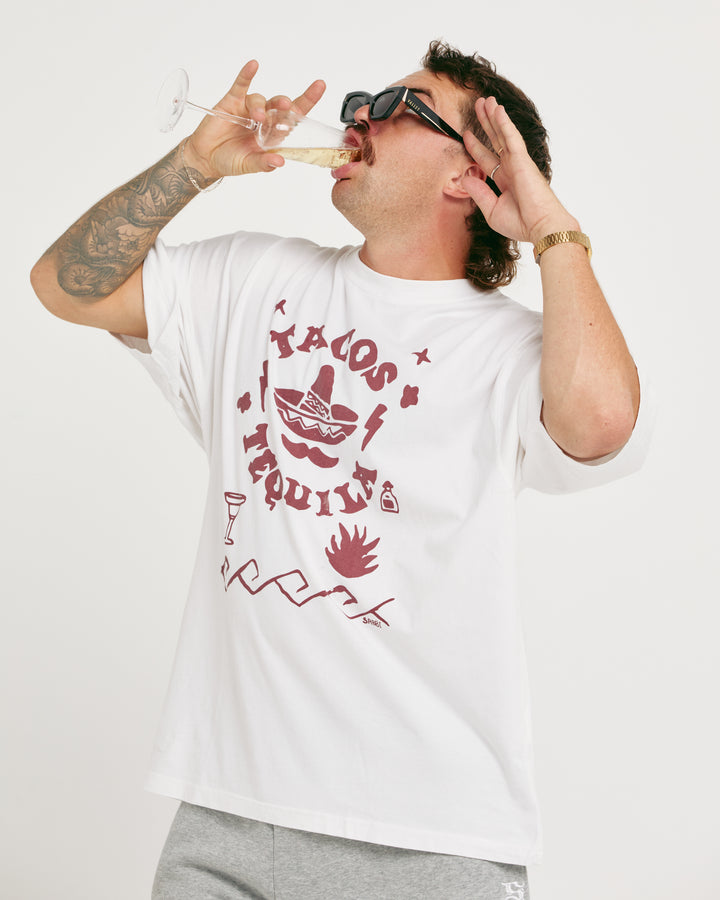 THE VERY OVERSIZED TACOS & TEQUILA TEE - WHITE & MAROON