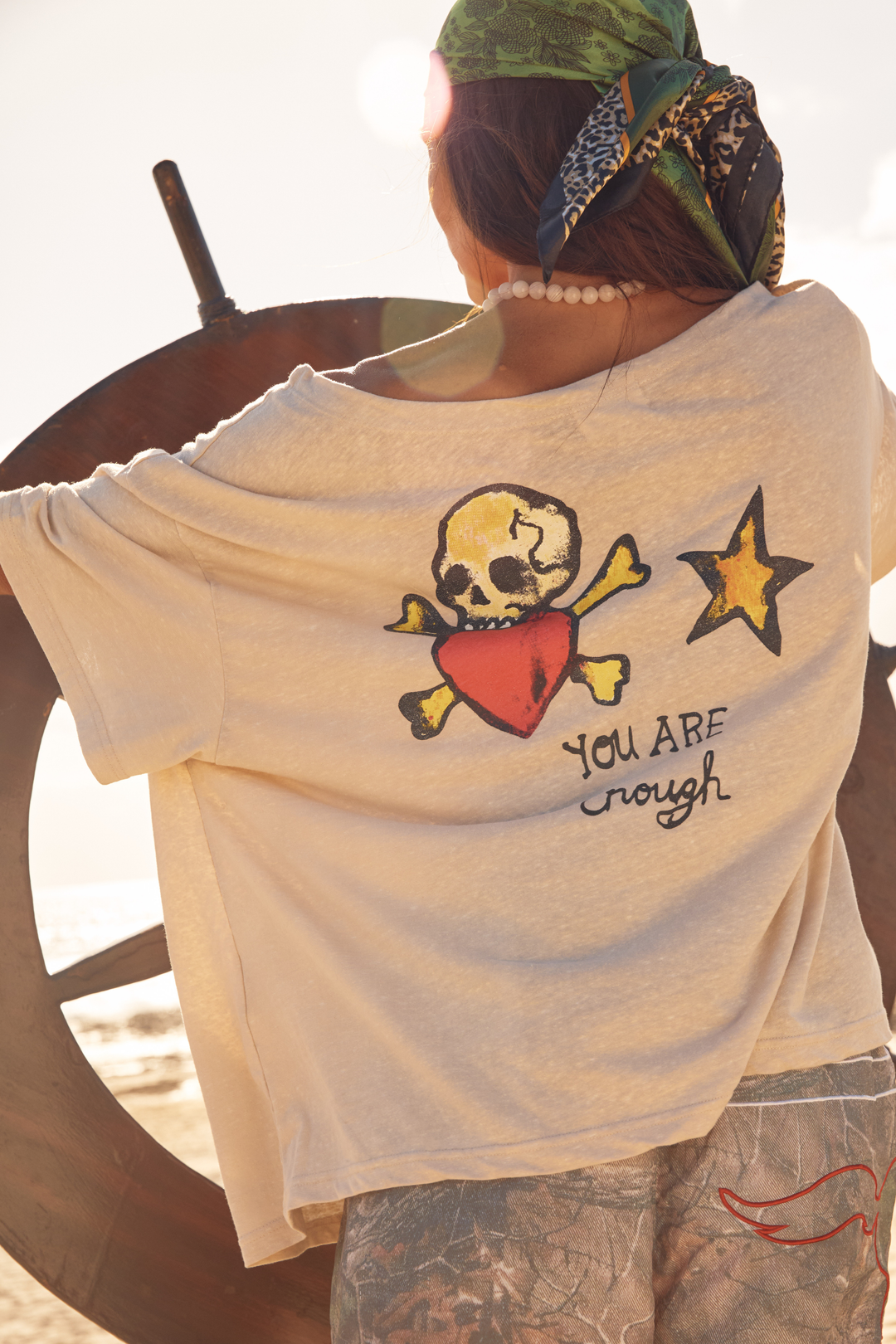BAD TO THE BONE OFF THE SHOULDER TEE - SAND