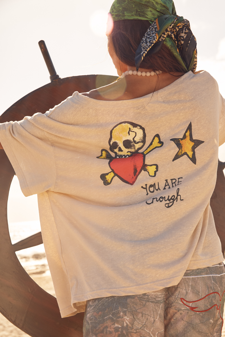 BAD TO THE BONE OFF THE SHOULDER TEE - SAND