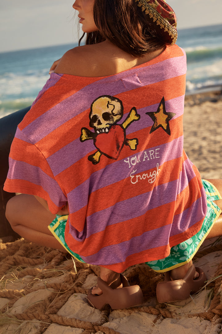 BAD TO THE BONE STRIPED OFF THE SHOULDER TEE