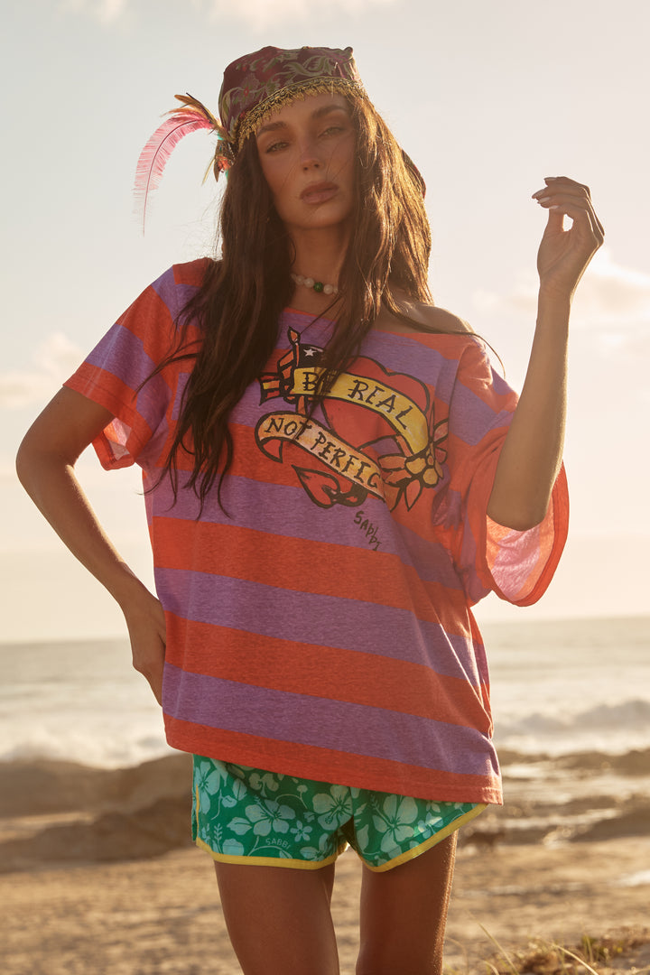 BAD TO THE BONE STRIPED OFF THE SHOULDER TEE