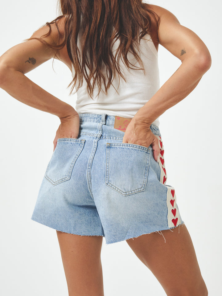 THE RAVING HEARTS DENIM SHORTS - WHITE/RED