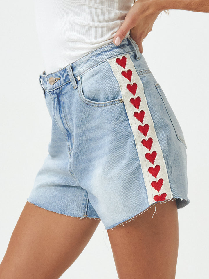 THE RAVING HEARTS DENIM SHORTS - WHITE/RED