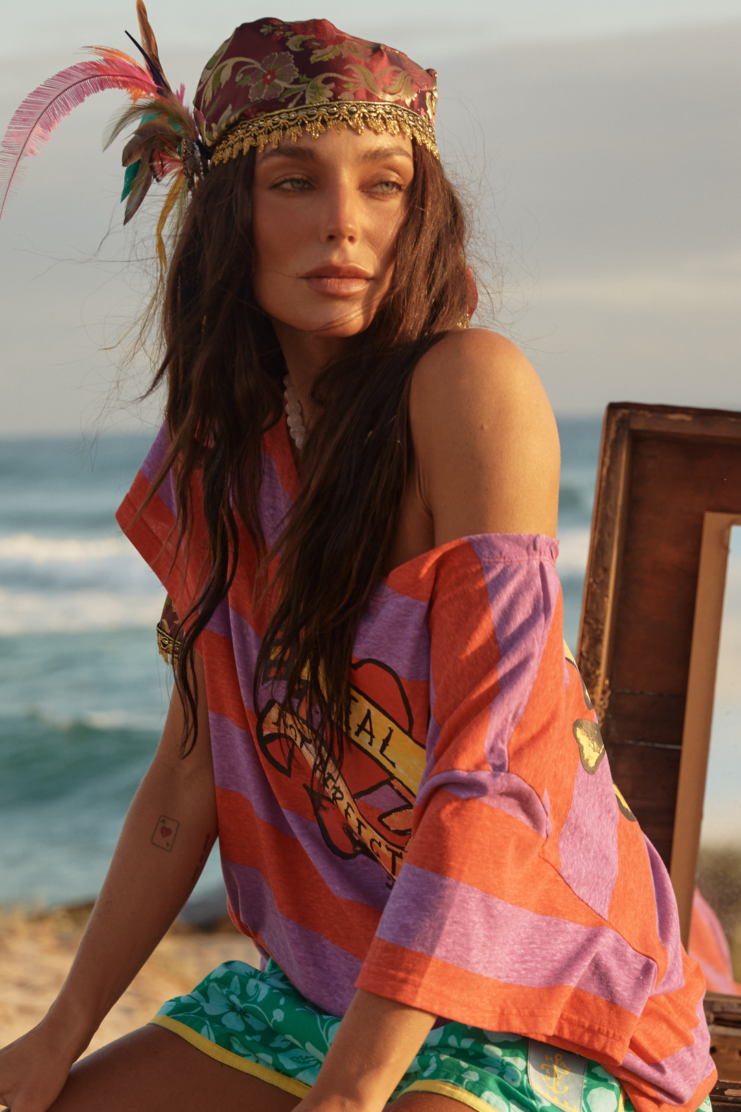 BAD TO THE BONE STRIPED OFF THE SHOULDER TEE