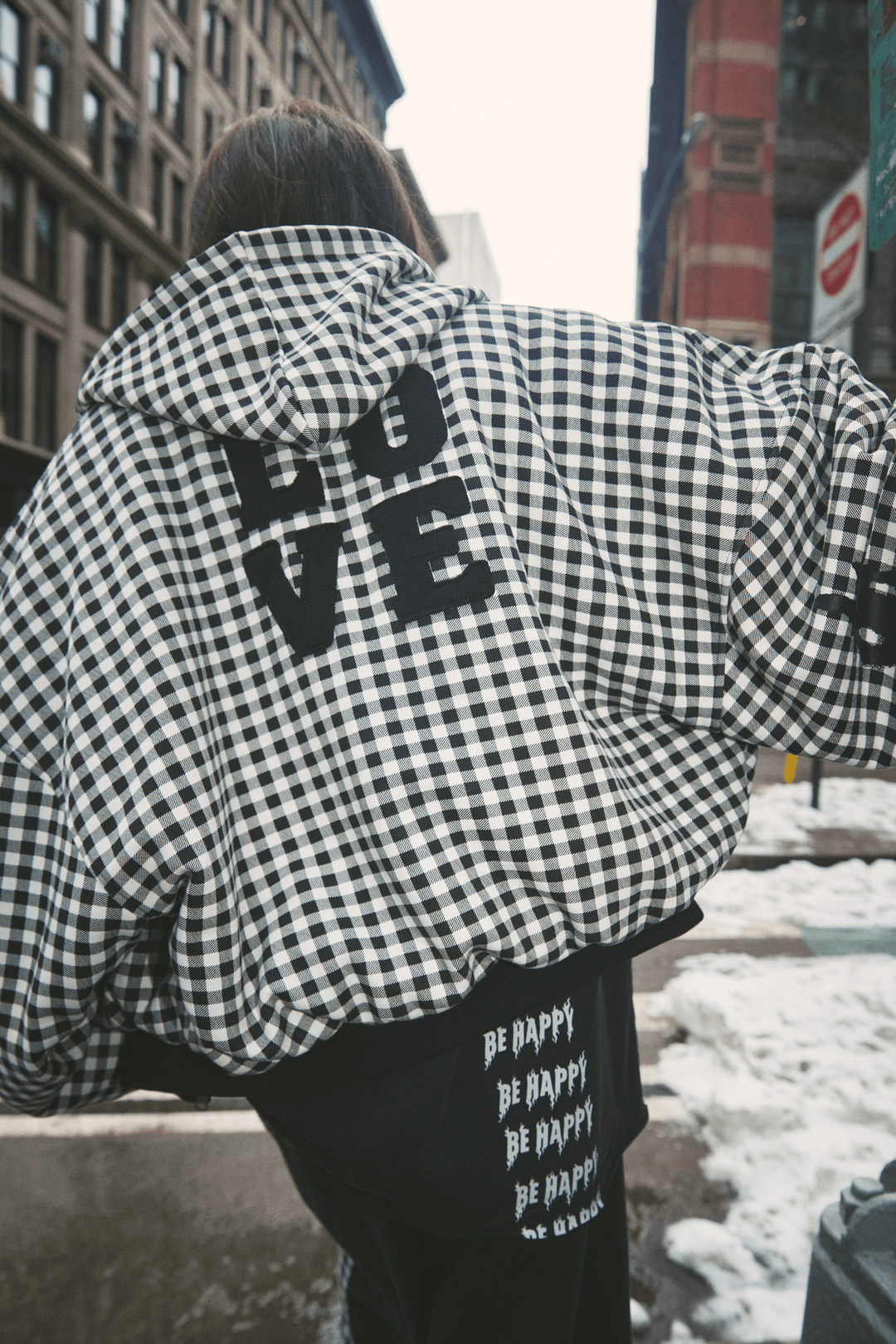 THE BE HAPPY GINGHAM PADDED BOMBER