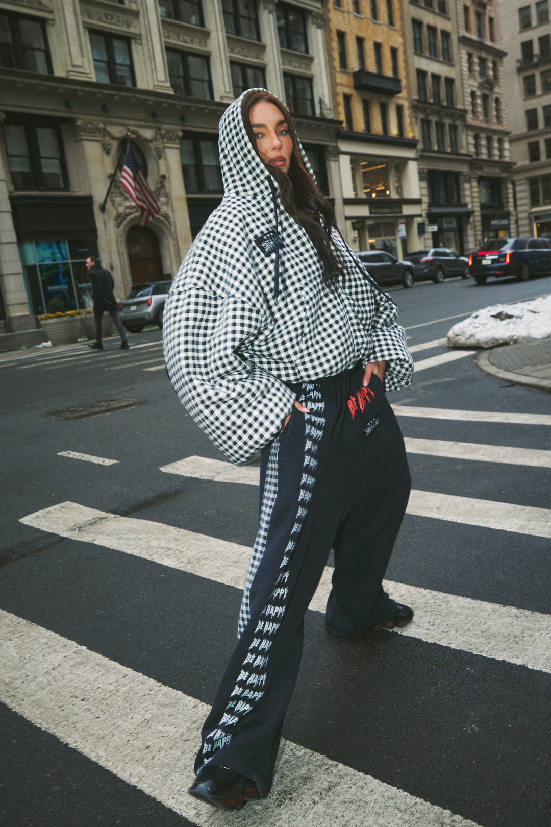 THE BE HAPPY GINGHAM PADDED BOMBER