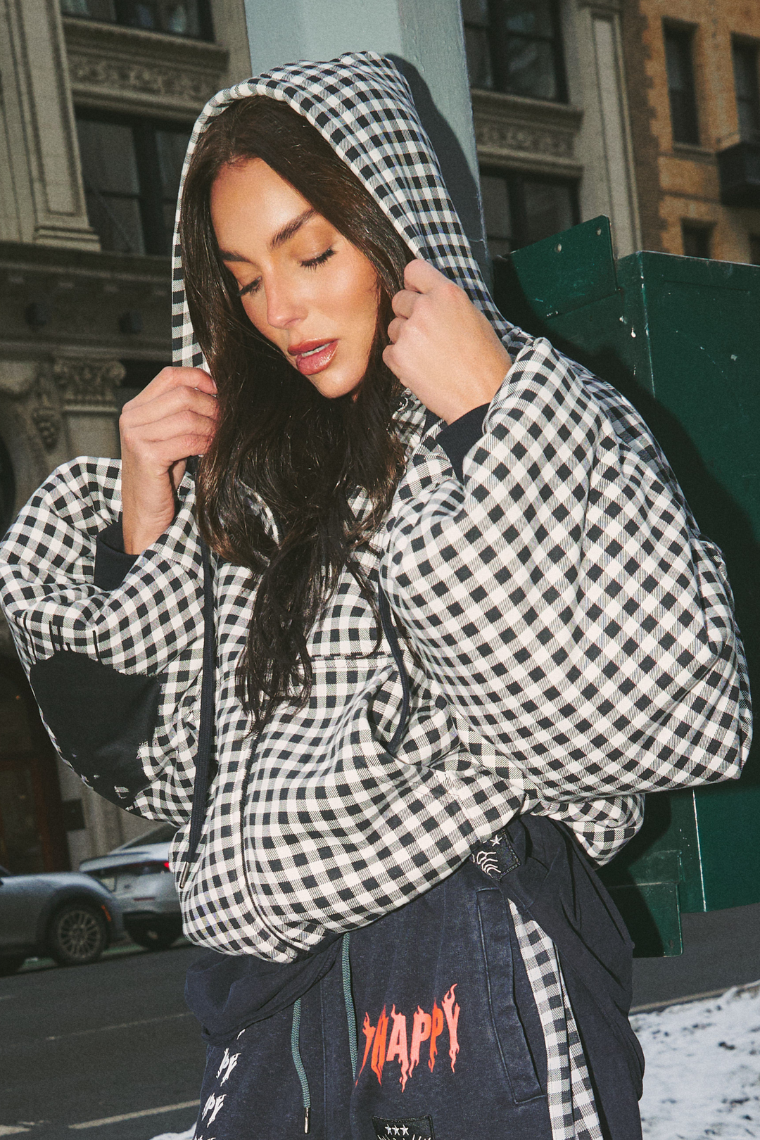 THE BE HAPPY GINGHAM PADDED BOMBER