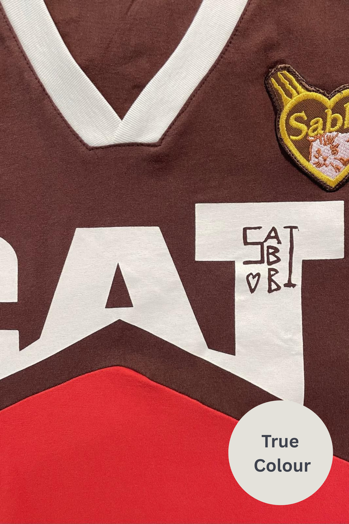 THE CAT OVERSIZED V NECK TEE - RED & CHOCOLATE