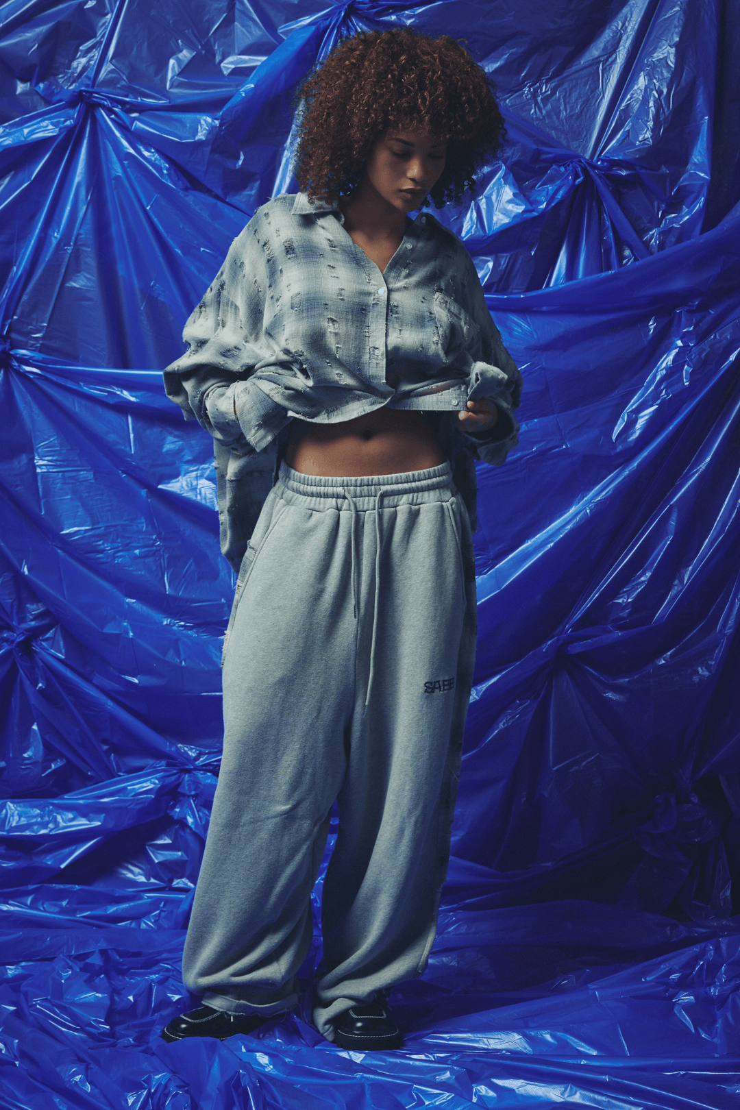 CHECK MATE WIDE LEG TRACKIES - BLUE