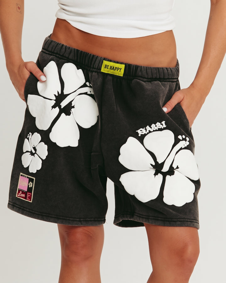 THE HAPPY HIBISCUS SHORTS  - BLACK