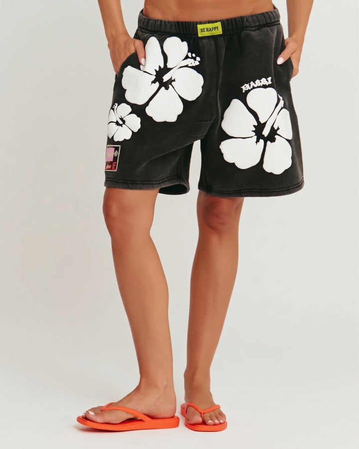 THE HAPPY HIBISCUS SHORTS  - BLACK