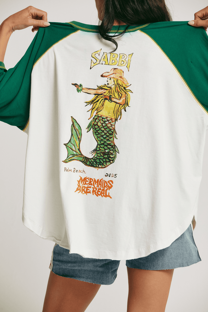THE MERMAID SWIM CLUB RAGLAN TEE - MARSHMALLOW & GREEN
