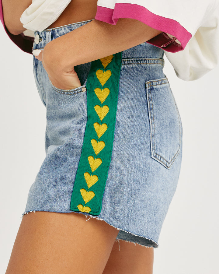 THE RAVING HEARTS DENIM SHORTS - GREEN/YELLOW
