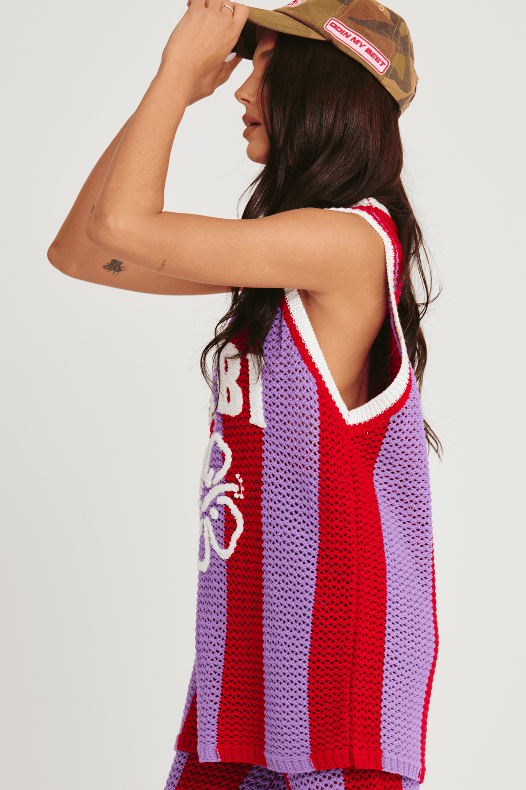 THE KNIT B-BALL SINGLET - RED & PURPLE