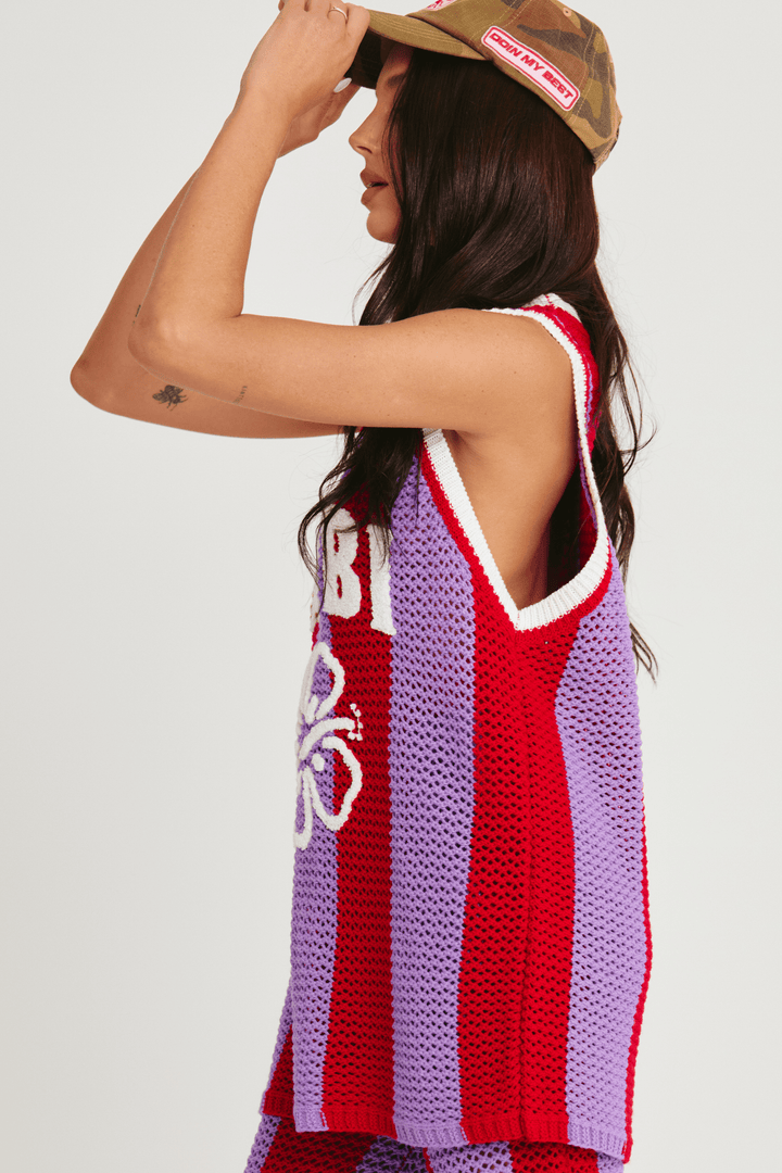THE KNIT B-BALL SINGLET - RED & PURPLE