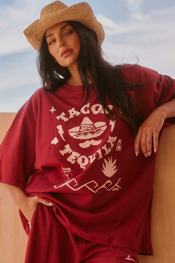 THE VERY OVERSIZED TACOS & TEQUILA TEE - MAROON & PINK
