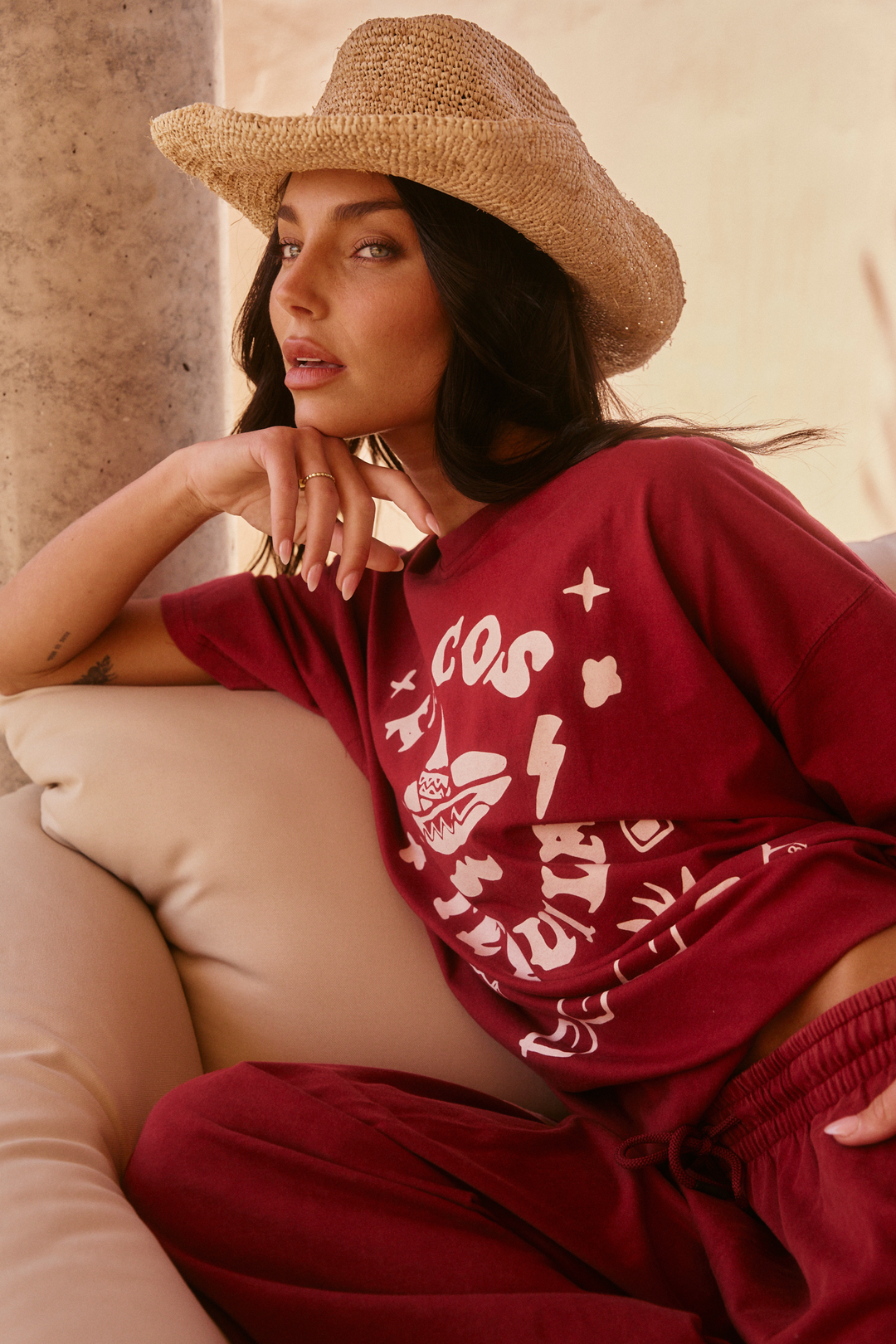 THE VERY OVERSIZED TACOS & TEQUILA TEE - MAROON & PINK