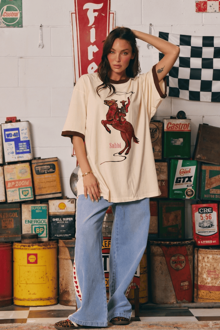 THE VERY OVERSIZED YEEHAW TEE- CREAM WITH CHOCOLATE TRIM