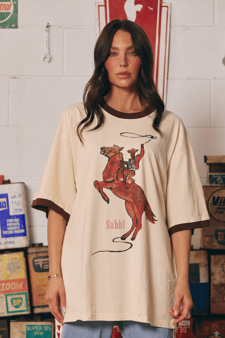 THE VERY OVERSIZED YEEHAW TEE- CREAM WITH CHOCOLATE TRIM